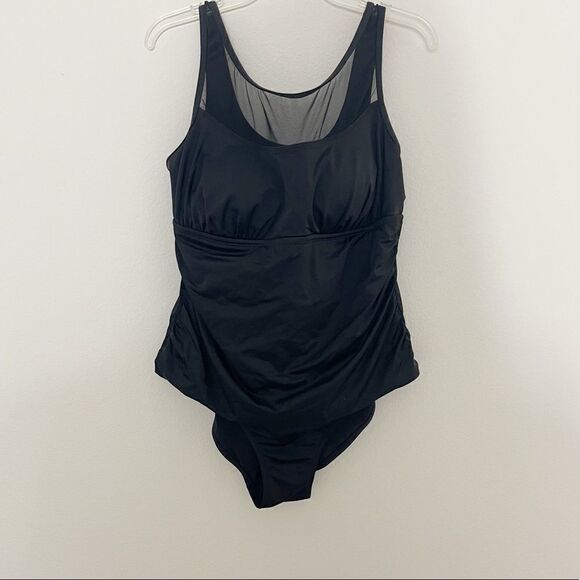 Always For Me Black One Piece Swimsuit Sheer Neckline Size 16 - Picture 1 of 6